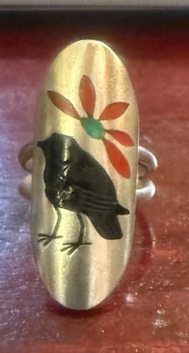 Native American Zuni Sterling Silver & Inlay Raven Ring by Quintin Quam