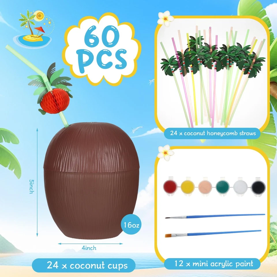 Juego de tazas de coco hágalo usted mismo incluye 24 piezas tazas de coco 24 pajitas y 12 mini acrílicos... Foto 3 de 4