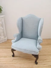 Vintage Artisan Queen Anne Wing Chair Lt Blue Silk  Dollhouse Miniature 1:12