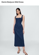 Gap Blue Denim-Blend Bodycon Midi Dress Size M Square Neck Stretch Zip
