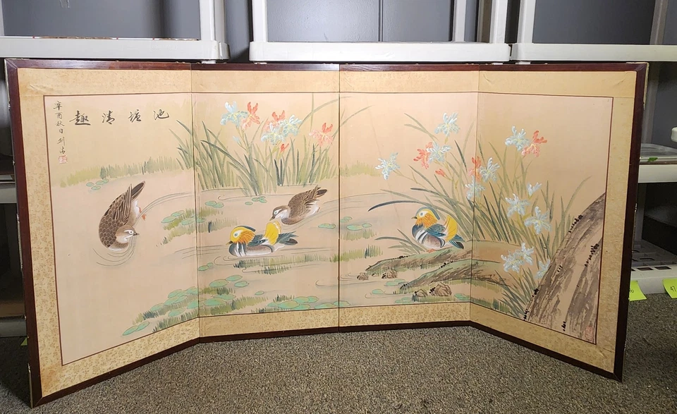Vintage Japanese Four Panel Folding Screen Hand Painted Mandarin Ducks Flowers S - Image 2 of 4