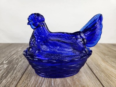Cobalt Blue Glass Hen on Woven Nest - Chicken Candy Dish or Trinket Dish