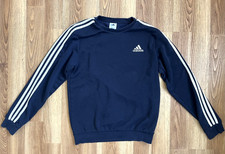 Vintage Y2K 00s Adidas Essentials stripes navy blue pullover crewneck sweater Sm