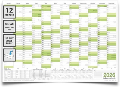 Jahresplaner 2026 DIN A0 grün gefaltet   Wandkalender großformat