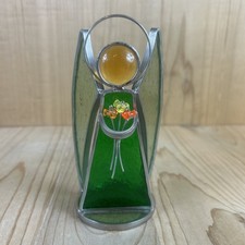 Stained Glass Angel Figurine Holding Flowers Green 6  Free Standing