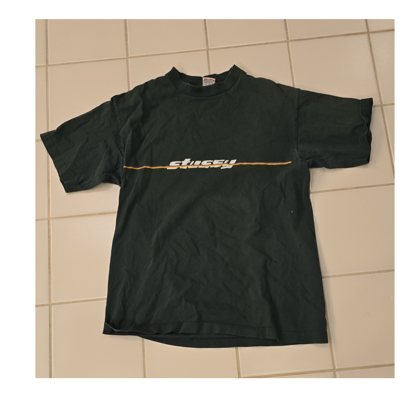Rare VTG Stussy Graphic Logo Crew Neck Short Sleeve Green Men's T-Shirt L