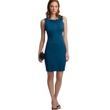 Halston Heritage Sleeveless Folded Neckline Teal Blue Lined Sheath Dress Size 2