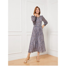 Talbots size 2P blue leopard metallic clip dot smocked fit & flare midi dress