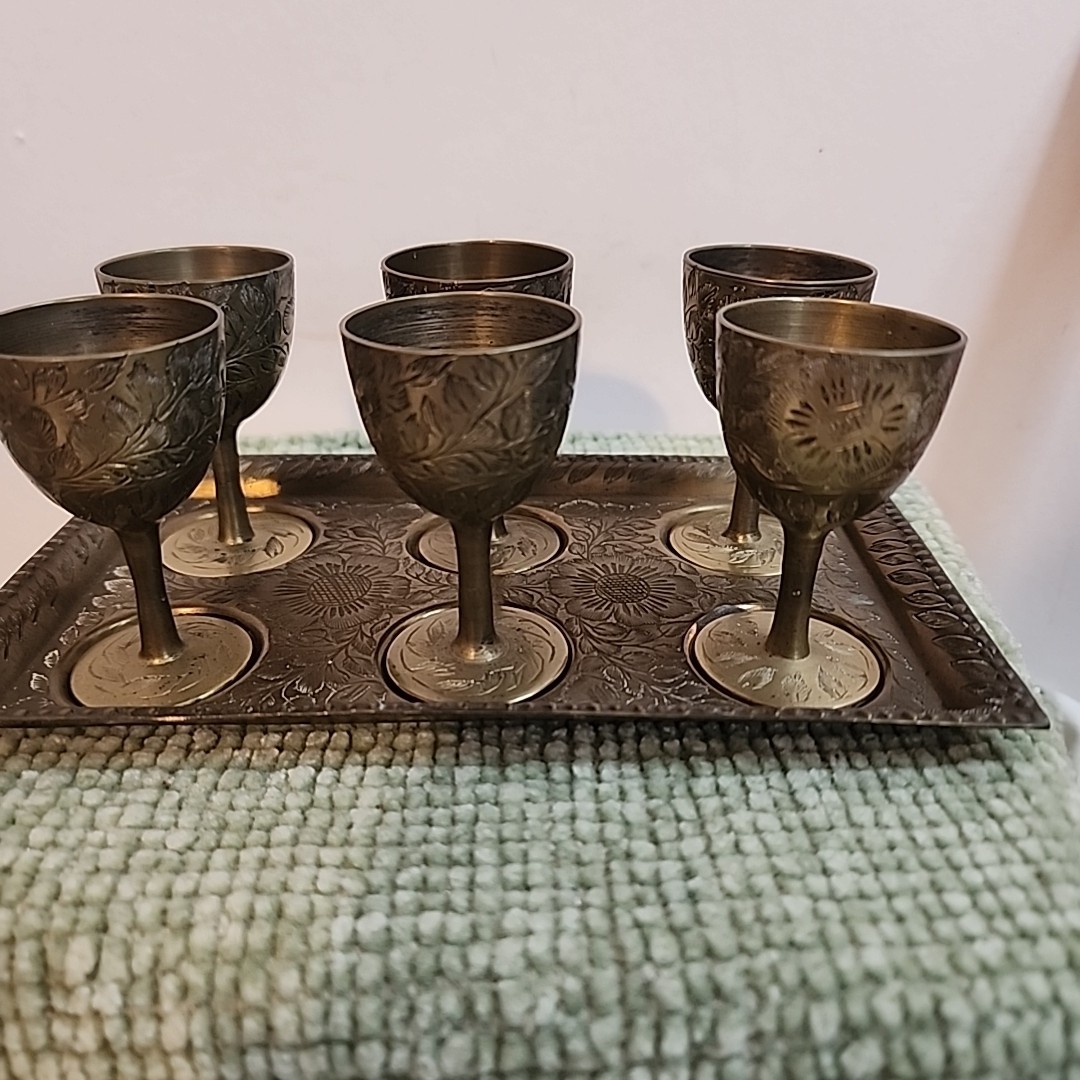 Vintage Etched Brass Goblet Set of 6 with Matching Tray Made  Vintage Brass Goblet Set with Tray main image 0