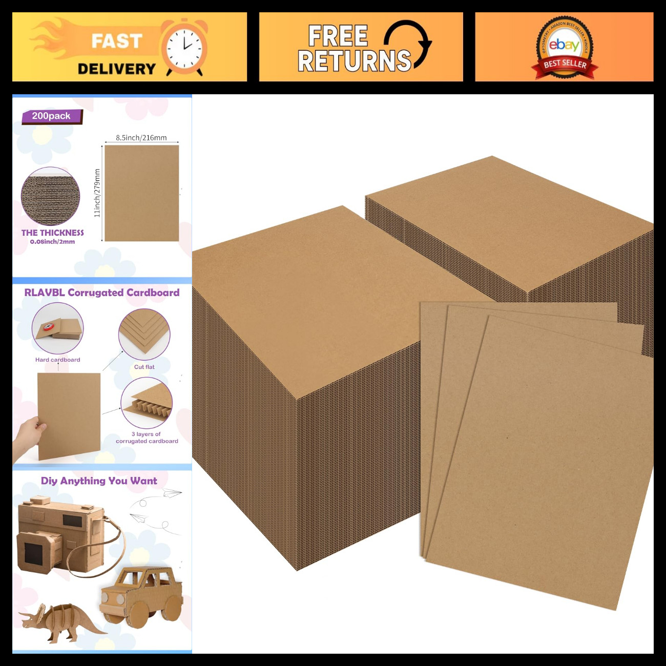200 Pack 8.5x11 Corrugated Cardboard Sheets - Flat Inserts for Shipping, Mailing