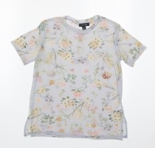 New Lok Womens Grey Floral Nylon Basic T-Shirt Size 8 Round Neck