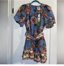 NWT Large FARM Rio Blue Pink Cream Wonderful Bouquet Mini Dress with Belt