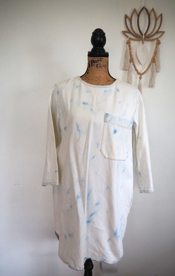 Light Acid Wash Denim Jean Long Sleeve Loose Fit Oversize Dress XS Made In Italy