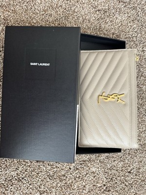 Saint Laurent Monogram Quilted Chevron Pouch Sea Salt Gold Hardware Designer