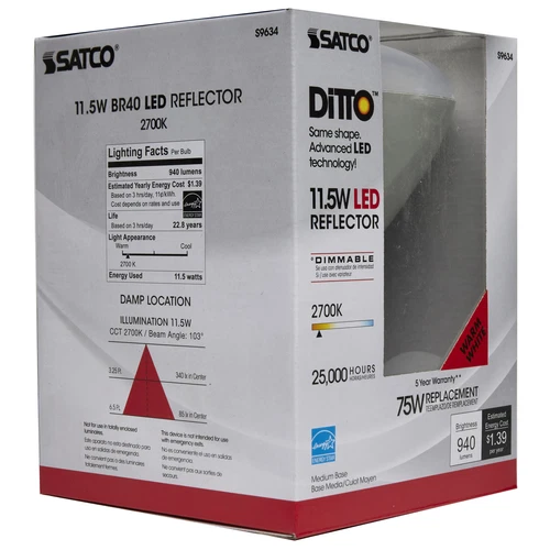 Satco S9634 11.5W =75W BR40 LED 2700K Warm White 120V Medium E26 Base 940 Lumen - Picture 15 of 16
