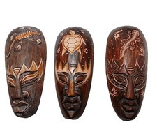 African Geckos Turtle Wood Mask Tribal Animal Wall Hanging Decor 8 in Set 3