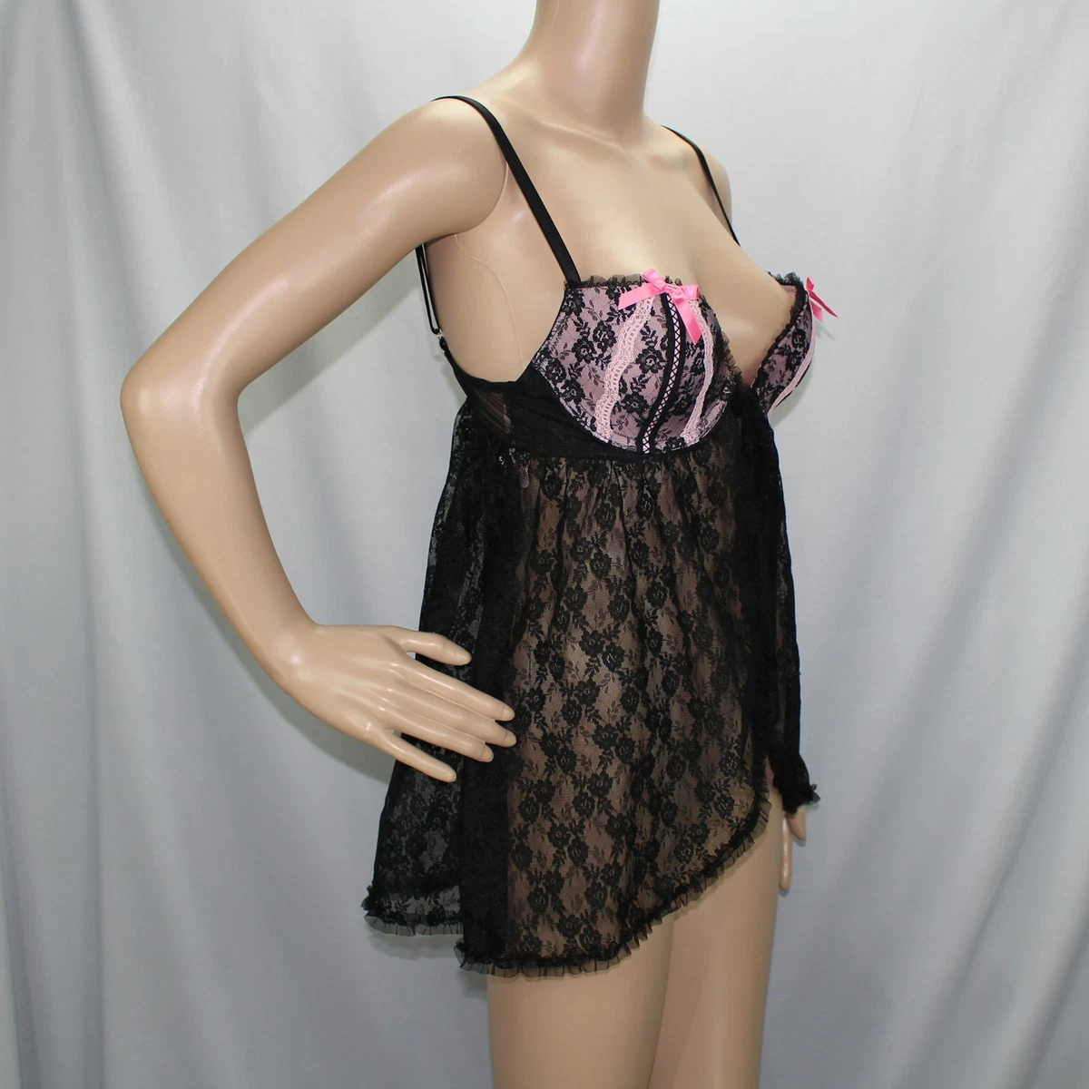 Victoria's Secret Sexy Little Things Black Negligee Built in Bra Cups 36B