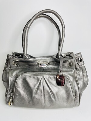 Makowsky Pewter Silver Metallic Leather Bag Purse Satchel