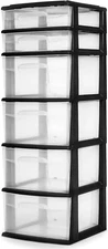 Drawer Tower, 6-Tier Clear Plastic Storage Organizer Cart, Black Frame