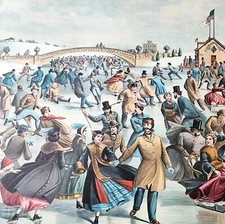 Central Park Ice Skating Pond Currier & Ives 1950s Lithograph Borderless DWHH16