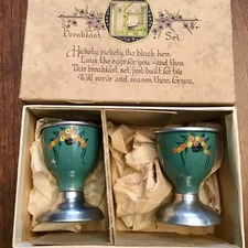 Rare 1920-30's Boxed Breakfast Set Hand Painted Metal Egg Cups