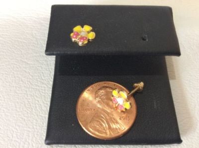 14K massiv Gelbgold Emaille Blume SCHMETTERLING Schraubverschluss Ohrstecker Kinder Ohrringe 