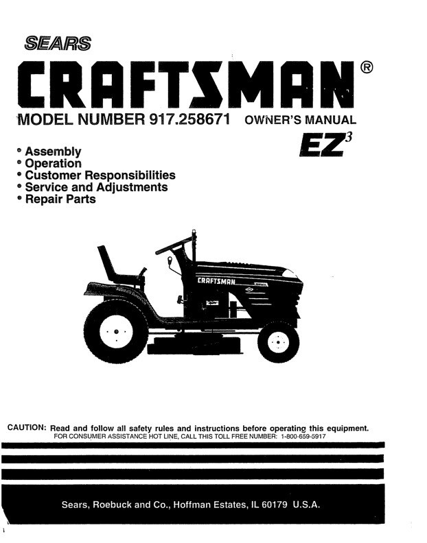 Owner's Manual Sears Craftsman 19.5 HP Lawn Tractor 46” Mower