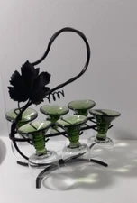 Vintage Roemer Green Stem Beehive Mini Wine Glasses Iron Holder Grapevine Design