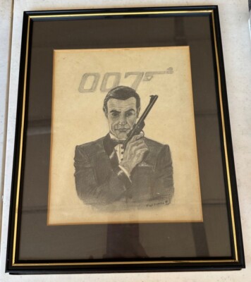 VINTAGE 1987 James Bond 007 Pencil Drawing Framed Wall Art by Ken Clarke 11x14''