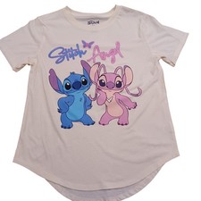 Disney Stitch and Angel Graphic T-Shirt Cream Womens Large Lilo  Stitch Tee