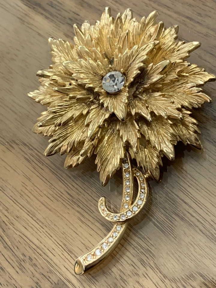 "Broche de perlas Erwin vintage pavé dorado estrás flor grande mediados de siglo 3""" Foto 4 de 4