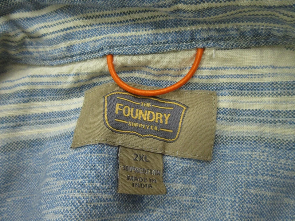 The Foundry Shirt Mens 2XL Blue Beige Striped Short Sleeve Button Up Casual Top - Image 3 of 4