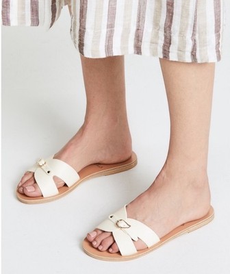 Ancient Greek Sandals Beige Gold Buckle Leather Flats Slides 38 Handmade Greece