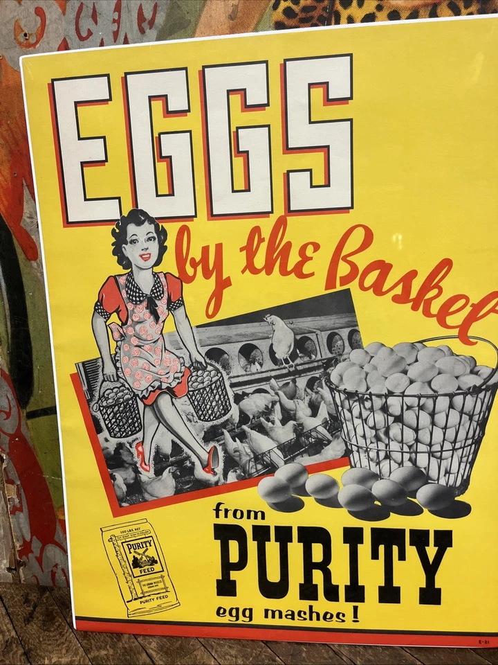 DE COLECCIÓN C. 1940 PUREZA ALIMENTACIÓN HUEVOS SIGNO LECHERO POLLO GRANJA COCINA DECORACIÓN ¡RARO!! Foto 2 de 4