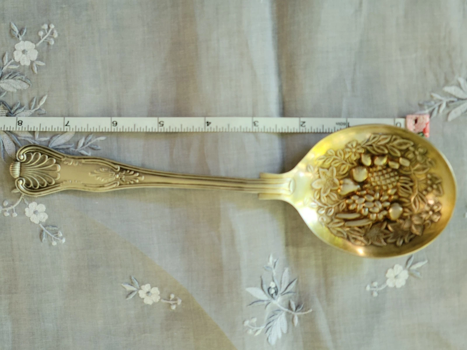 KINGS PATTERN WA Sheffield Silverplate Fruit Embossed Gold Wash Serving Spoon 9"