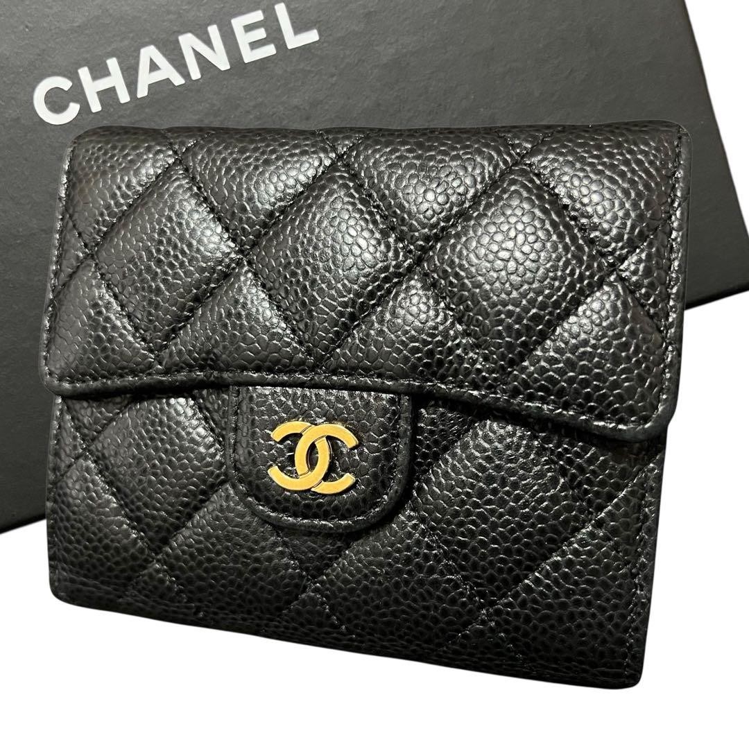 Chanel Caviar Leather Small Flap Wallet Black Gold Compact Bifold Used-image