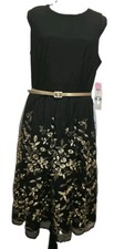 R&K Womens Dress 12 Black Gold Floral Embroidered Mesh Belted Fit Flare NWT