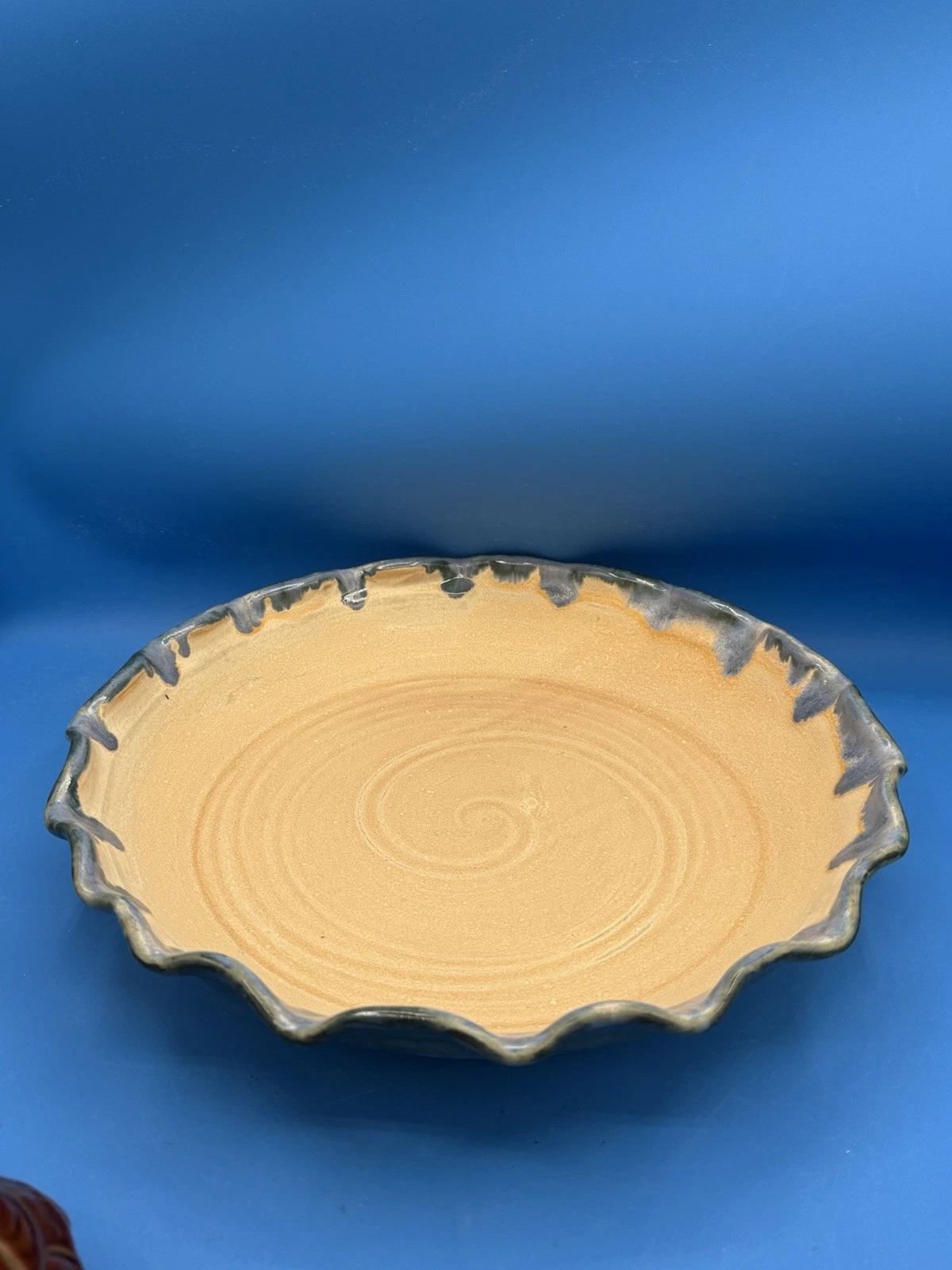 Signed Handmade Stoneware Pie Plate Lynn Wheeler Scalloped Dish-Blue Drip-Ohio