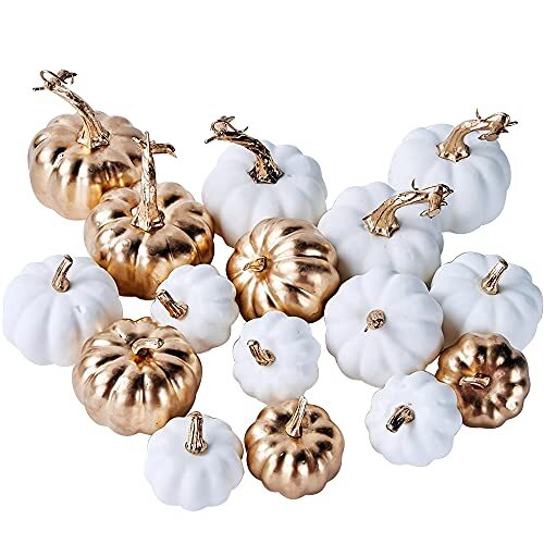 16 Pcs Assorted Fall Artificial Pumpkins Harvest White Faux 16pcs White Gold