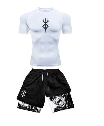 Berserk Anime Printed Men's Compression Set short Sleeve Gym Top Workout Shorts - Image 2 of 4