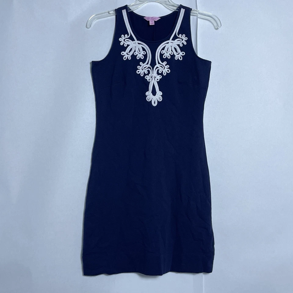Lilly Pulitzer Foster Shift 连衣裙 XS 无袖海军蓝白色刺绣 — 第 2/4 张图片