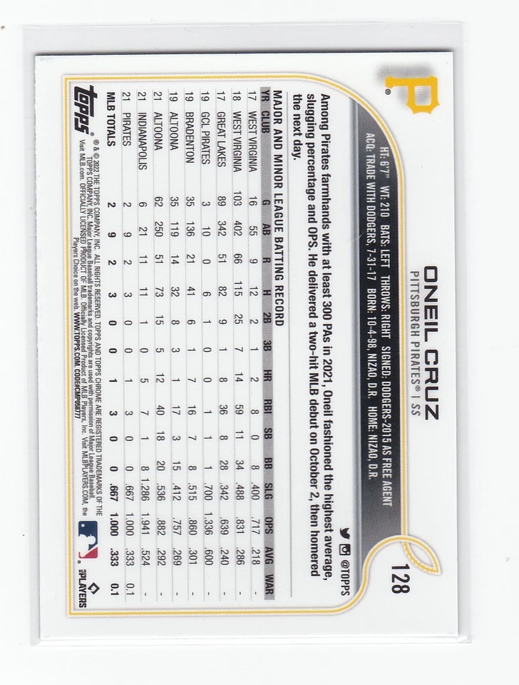 2022 Topps Chrome Ben Baller Edition Black #128 Oneil Cruz RC Rookie Card - Image 2 of 2