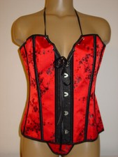 Womens Size 2XL Red Black Brocade Corset Bustier Lace Up Back 12 Stays Thong-NEW