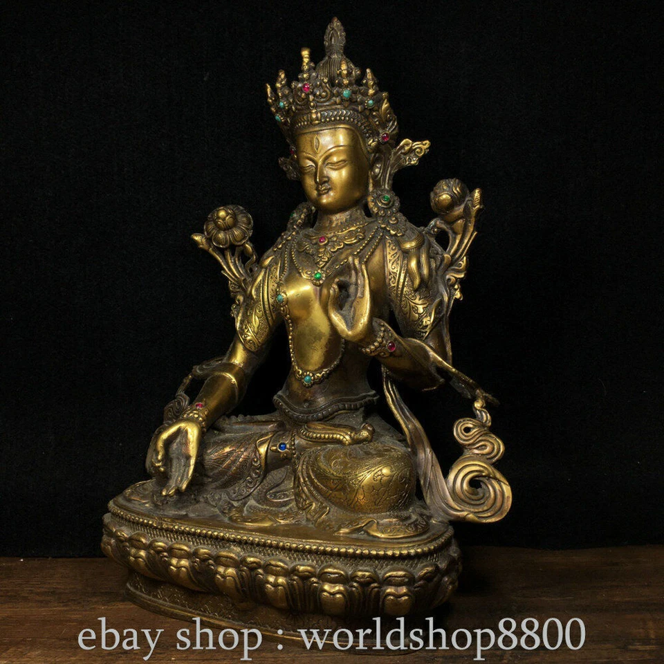 12.4" Antigua China Cobre Incrustación Gema Blanca Tara Espíritu de Compasión Diosa Estatua Foto 4 de 4