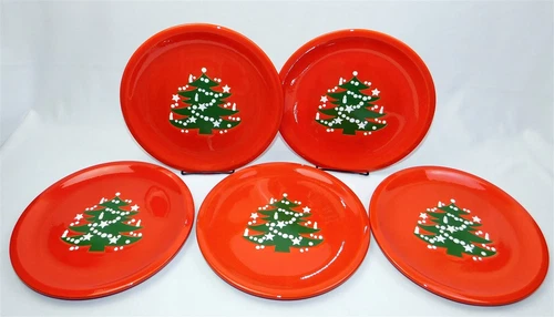 Set Of 5 Red Waechtersbach Germany CHRISTMAS TREE 10" Dinner Plates