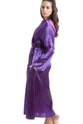 Camille Satin Dressing Gown in Purple with Pink Polka Dots with Floral Lacing - Picture 2 of 6