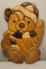 Vintage Handmade Wood Carved Teddy Bear Nursery Wall Plaque stamped by Artist