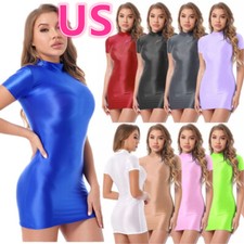 Women's Lady Glossy Short Sleeve Bodycon Dress Stretchy Mini Dress Party Club