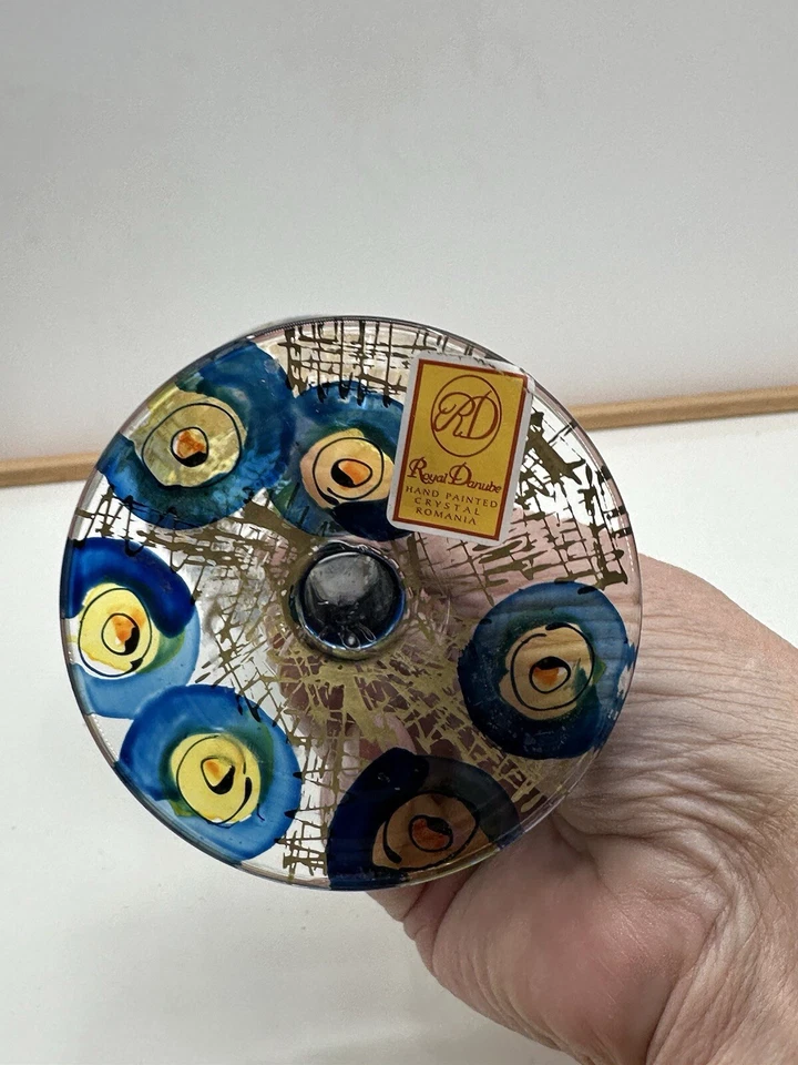 Royal Danube Hand Painted Crystal Wine Glass Peacock Design ~ Romania - Image 3 of 4