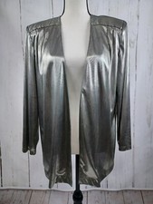 Vintage Joan Walters Silver Metallic Shiny Cardigan Open Front Padded Shoulders